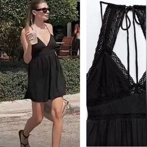 Zara Lace Insert Mini Dress with Open Back Bohemian Style Medium
